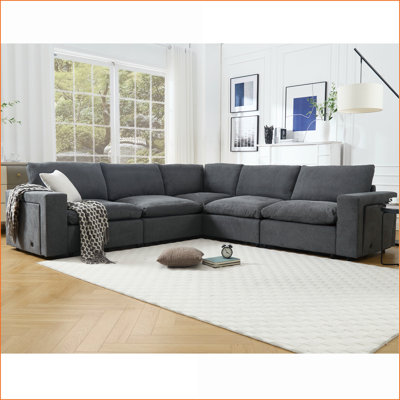 Sectional Sofas for Living Room, 5-Seat Modular Charcoal Gray with Wireless Charging, Cup Holders, Book Storage | Wood+Fabric | Standard