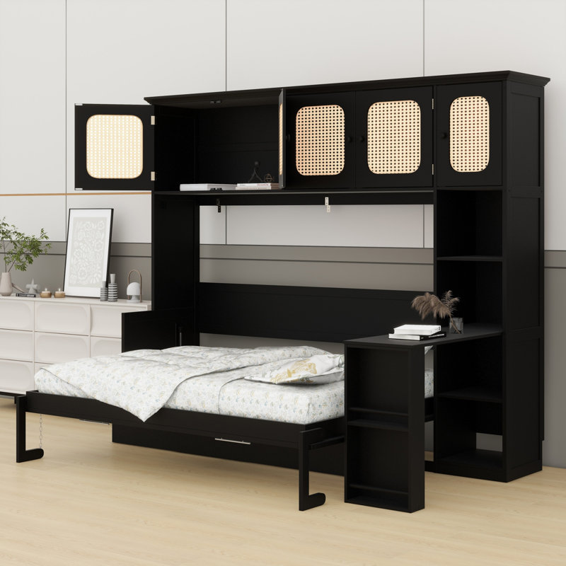 Lit escamotable avec bureau intégré et armoires de rangement en rotin, Noir