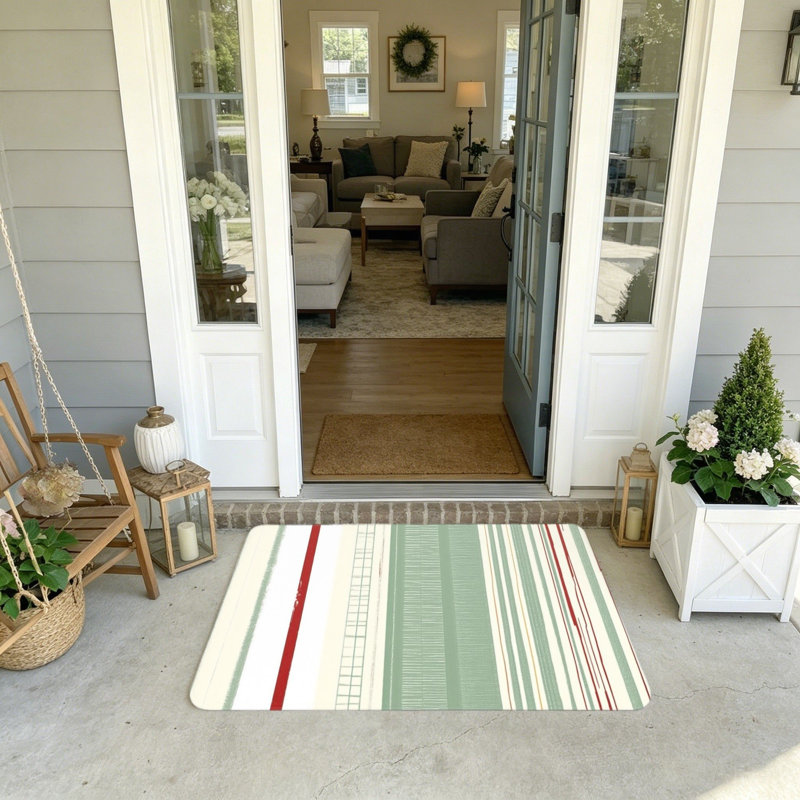 Tapis de bienvenue 20 po x 32 po vert rouge blanc à rayures, à usage domestique