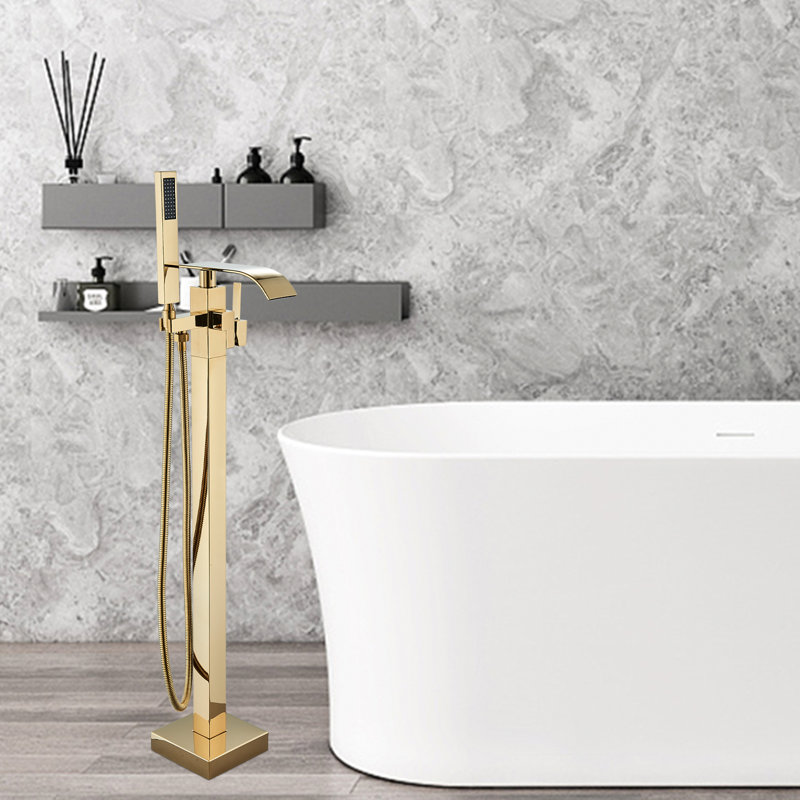 Robinet de baignoire à fixation au sol avec robinet cascade autoportant et or brossé à main 