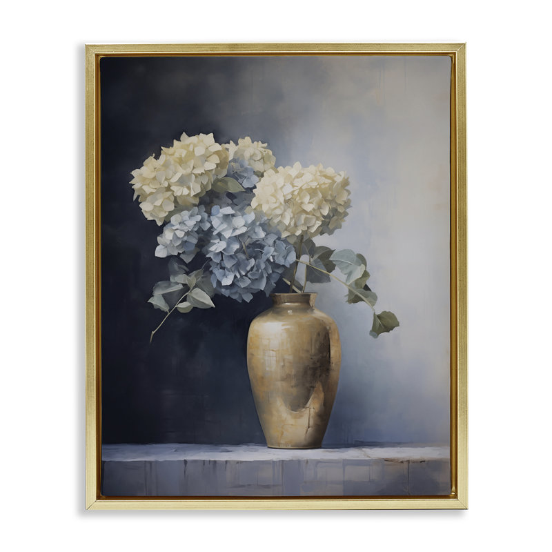 Subtle Hydrangeas in Vase Floating Frame, design by Arlington Prints, 21" H x 17" W, Metallic Gold Floater Frame