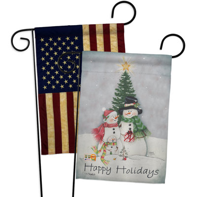 Drapeau de jardin 2 côtés en polyester 19 po x 13 po bonhomme de neige à impressions familiales 2 pièces