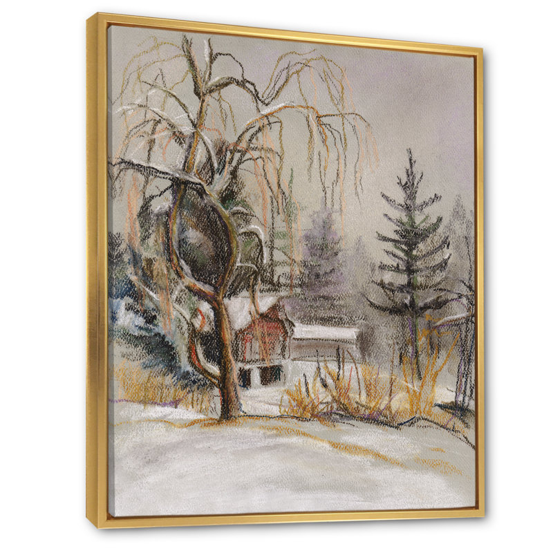 Winter Village Landscape II - peinture, H 20 po x l 12 po x P 1 po, Cadre flottant doré