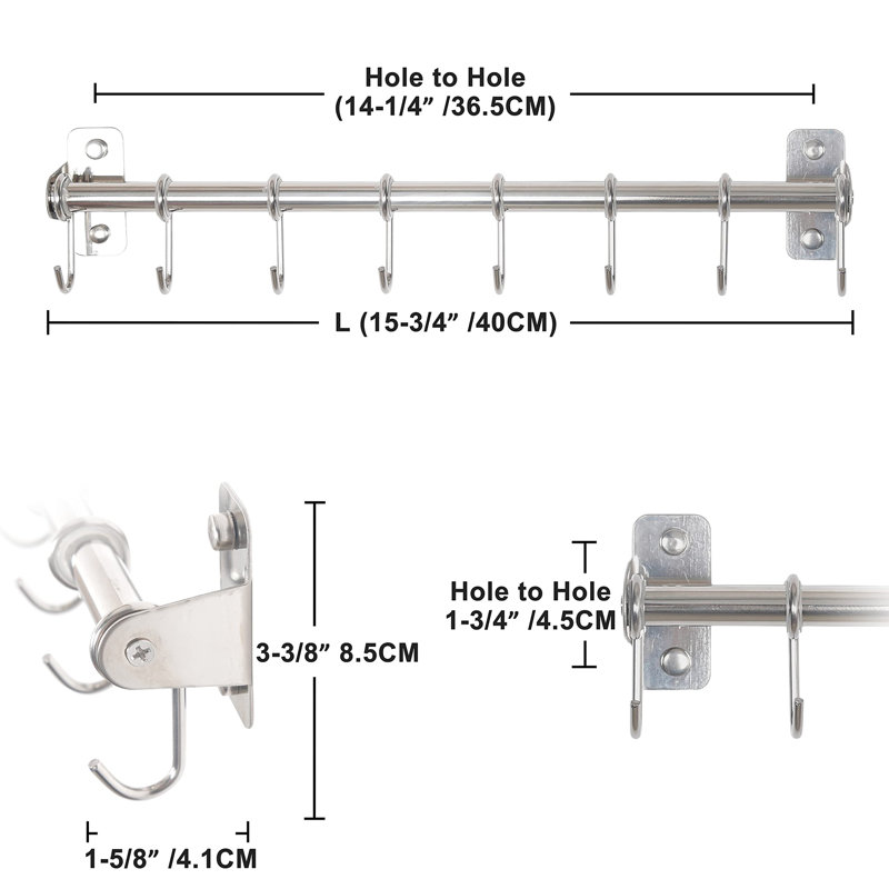 Pot and Pan Rack Wall Mount, Kitchen Rail with 8 Hooks, Chromed