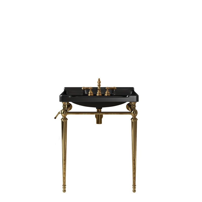 Lavabo de console de salle de bain 28 po, lavabo mural en céramique avec 3 trous de robinet pré-percés, Or, Noir