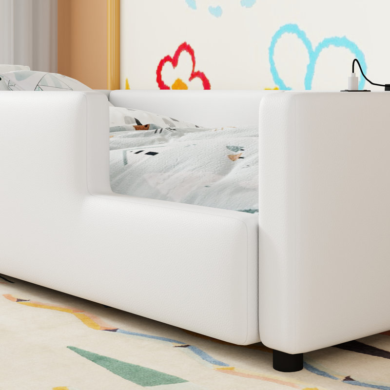Lit simple tapissier avec garde-corps et station de charge sans fil - blanc moderne