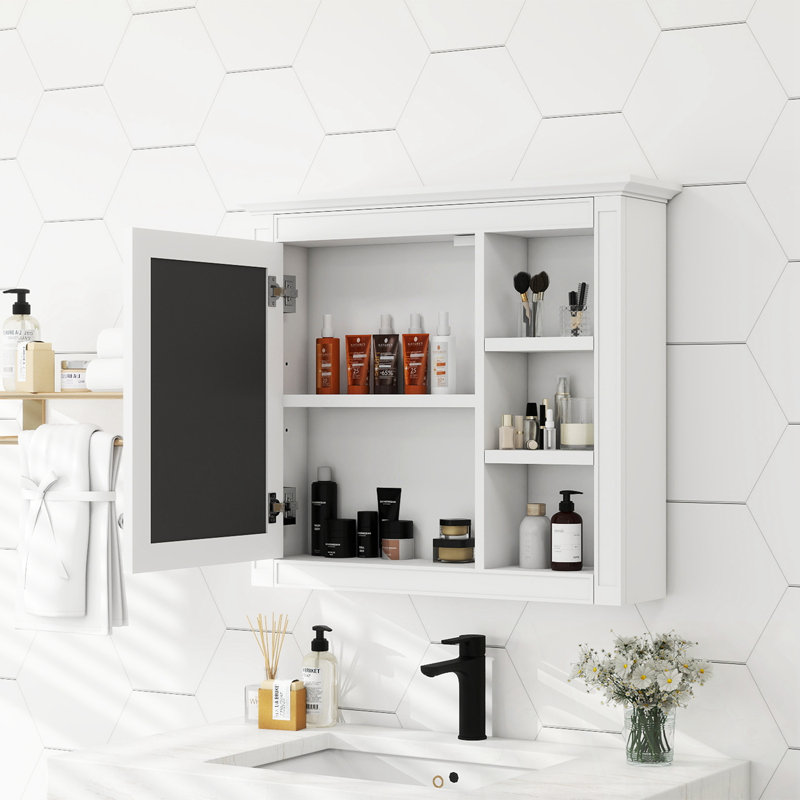 Armoire de rangement murale avec miroir et 3 tablettes ouvertes, Blanc