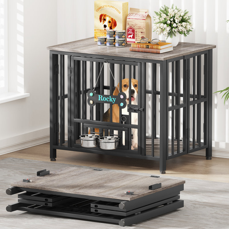 Large Foldable Dog Crate Furniture, Assembly-Free Dog Crate With Adjustable Bowls And Name Tag For Small, Medium, Large Dog
