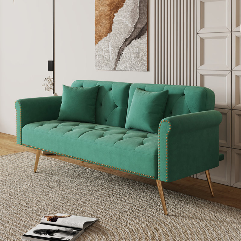 Plush Beige Velvet Convertible Sofa Bed With Decorative Nail Heads, Green