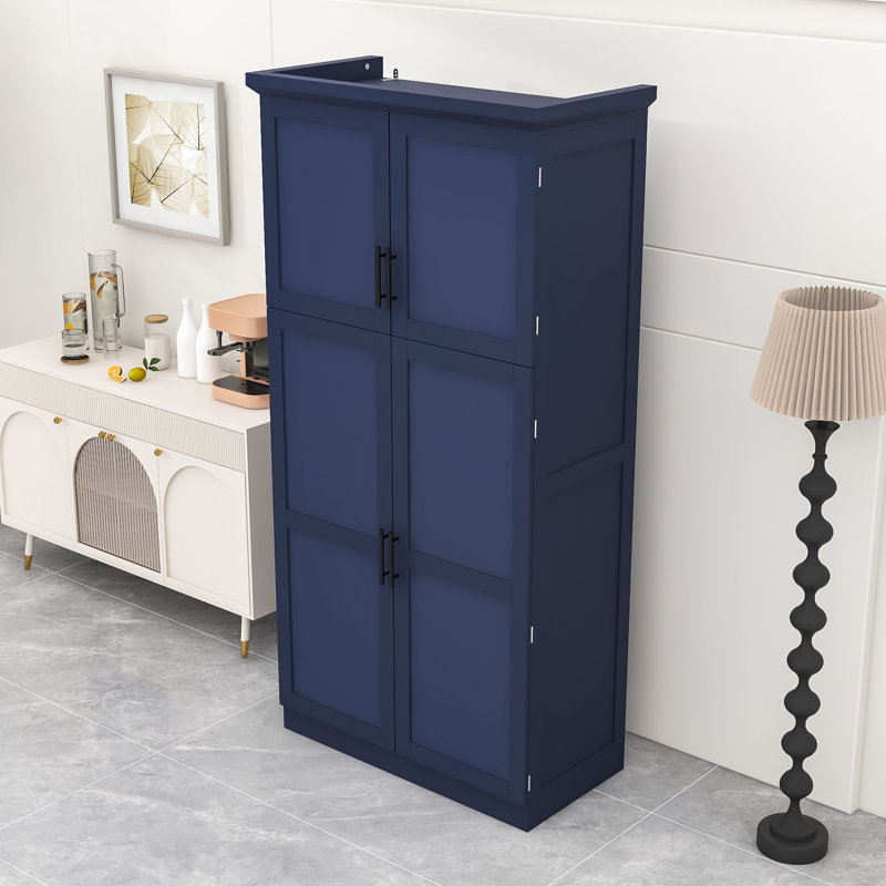Armoire de cuisine autoportante en bois avec tablette réglable, plateaux coulissants et dispositif de sécurité, Bleu, Black