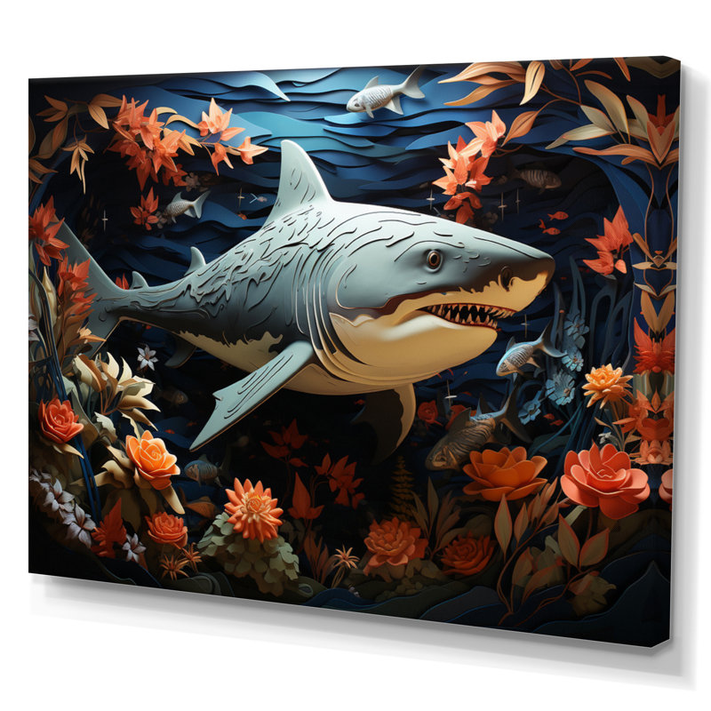 " Blue Shark Silent Hunter Papercut ", 16" H x 32" W x 1" D, Wrapped Canvas