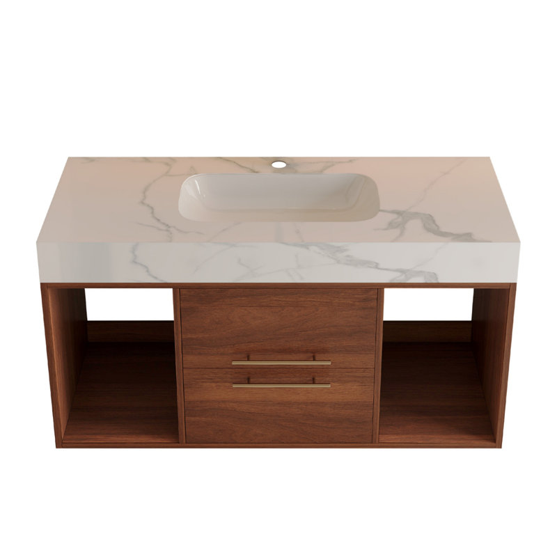 Meuble-lavabo flottant 39,4 po avec lavabo en céramique, conception murale, comptoir en ardoise blanche, style maison de campagne, noyer