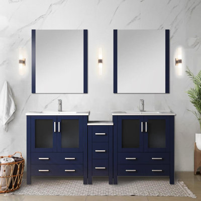 Meuble-lavabo double bleu marine de 183 cm de large, avec armoires latérales, robinetterie, comptoir en céramique blanche, miroirs de 71 cm et surface résistante aux égratignures et aux taches.