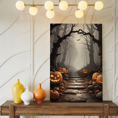 Chemin de forêt hantée incandescent Jack O Lantern Trail dans Halloween brume, art mural sur toile prêt à accrocher