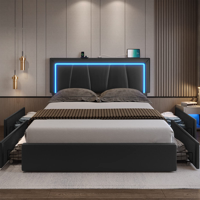 Upholstered Platform Bed Frame with LED Headboard, Charging Station and 4 Storage Drawers, California King, Black