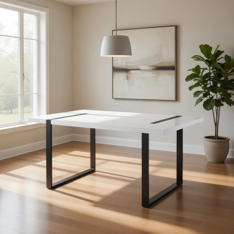Alz Dining Table, 66 Inch White High Gloss Top, Modern Sleek Black Frame