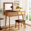 Ensemble coiffeuse 43,3 "en bois avec miroir rabattable et tabouret, coiffeuse avec trois tiroirs et espace de rangement, brun