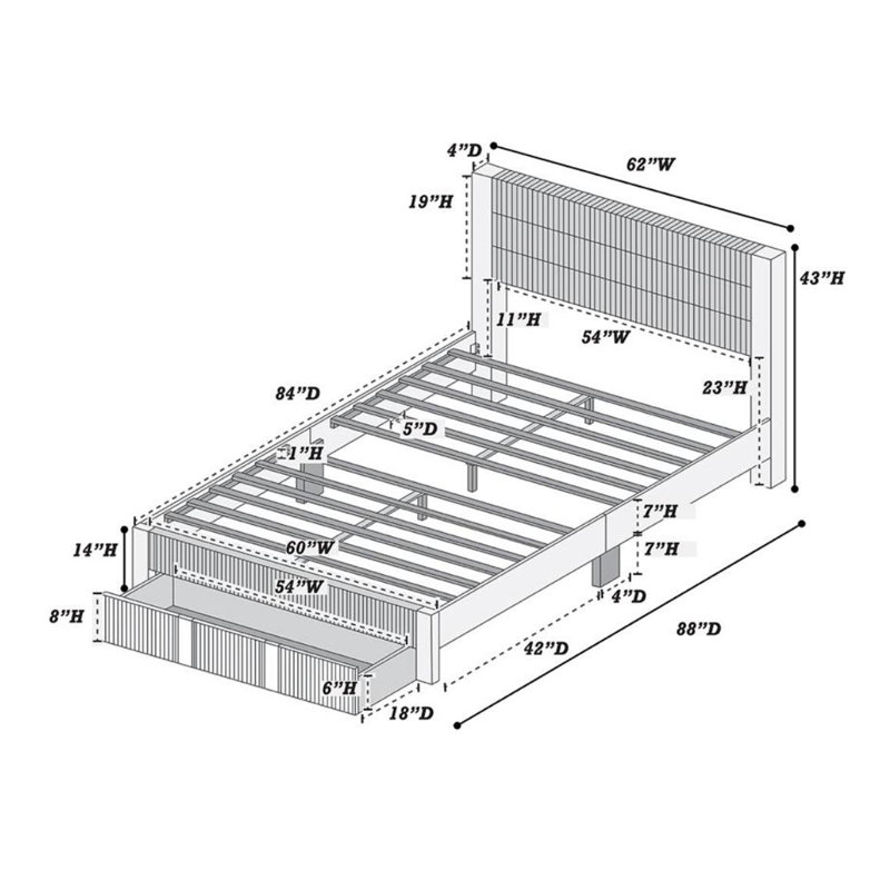 Cadre de lit plateforme grand tapissier avec tiroir, Gris anthracite