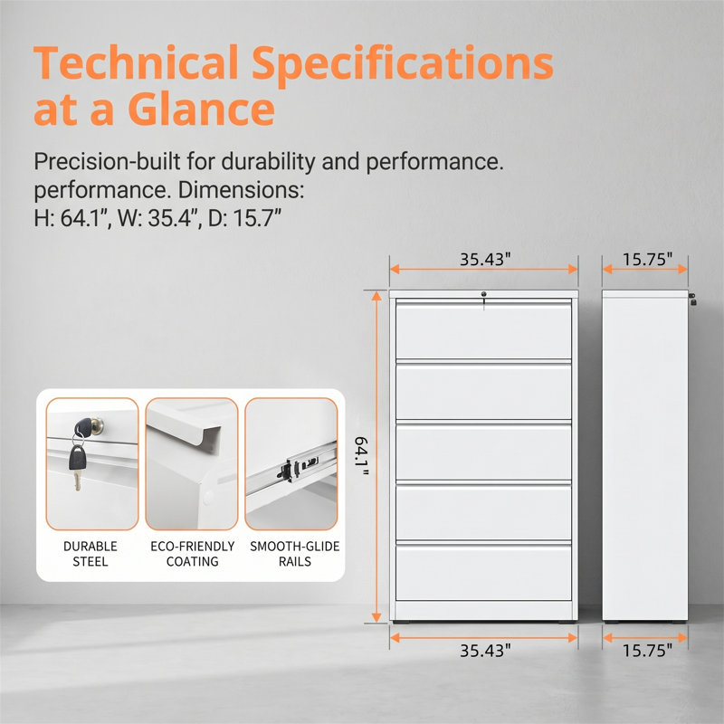 5‑Drawer Lateral File Cabinet, White, 550 lb Capacity, Lockable Steel Filing Cabinet for Legal/Letter/A4, Full‑Extension Quiet Slides, Anti‑Tilt