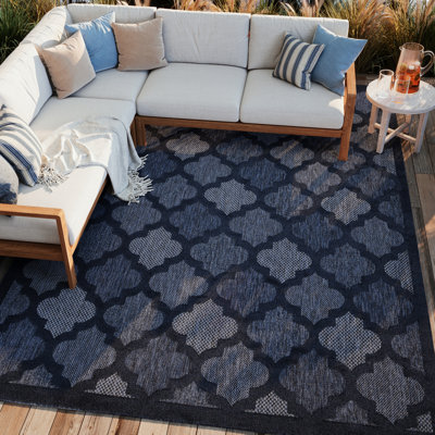 Adianey Red Barrel Studio Easy Care Trellis Navy Blue Indoor/Outdoor Area Rug