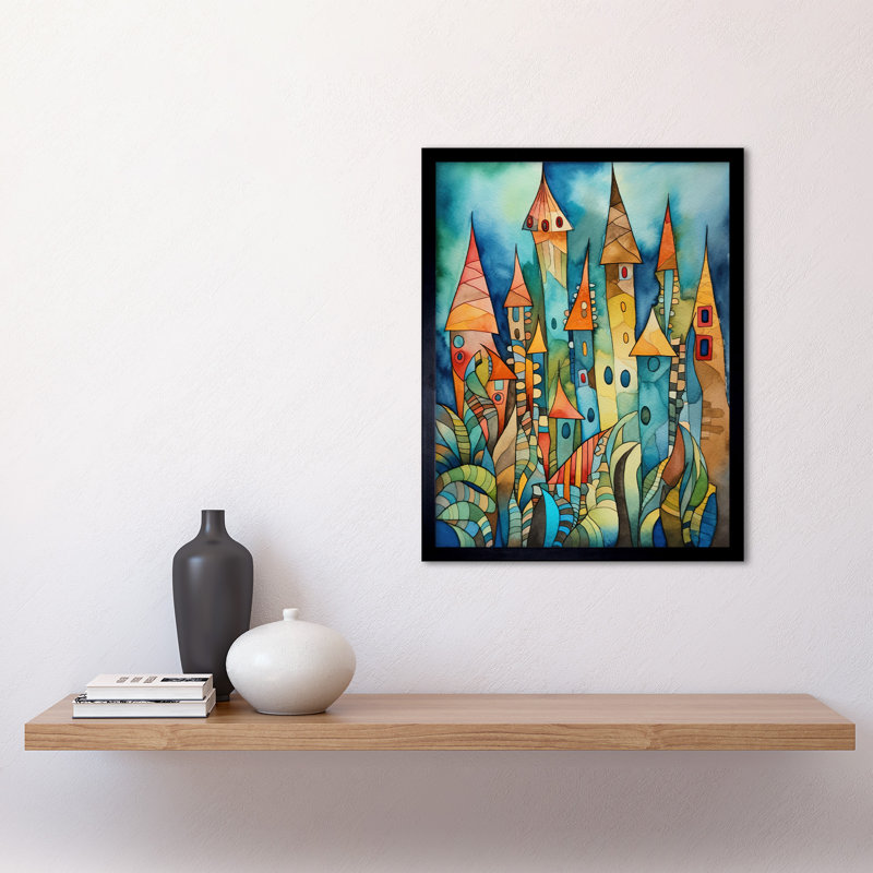 Aquatic Castle Landscape Folk Art Watercolour Painting Art Print Framed Poster Wall Decor 12x16 inch