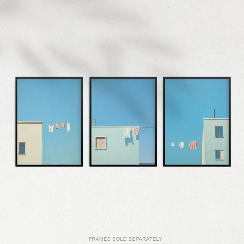 Laundry Day Washing Line Utility Room Minimalist Blue Sky - 2 Piece No Frame Print