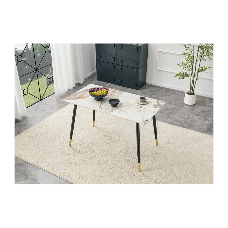 Table de salle à manger rectangulaire moderne en pierre frittée avec pieds plaqués or, Beige clair