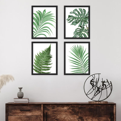 " Green Palm Leaf Forest Fern Set Of 4 Variety Floral Wall Decor Framed Prints " 4 - Pieces