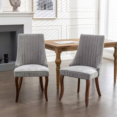 Linen Dining Chairs Channel Kitchen Dinner Chair Comfy Fabric Upholstered Accent Chair For Dining Room With Curved Solid Wood Legs,Set Of 2