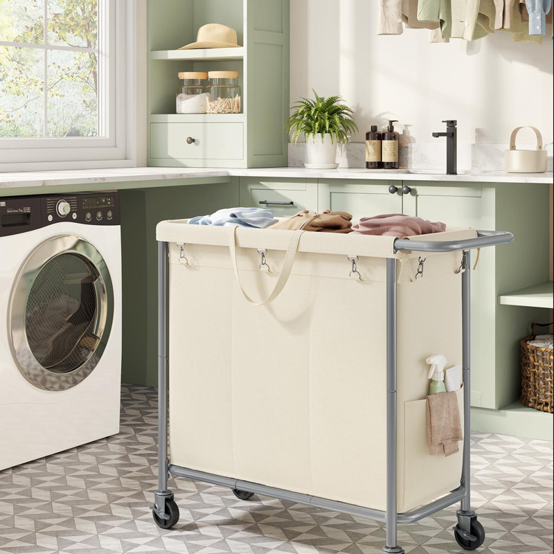 3-section Rolling Laundry Hamper, Cream White