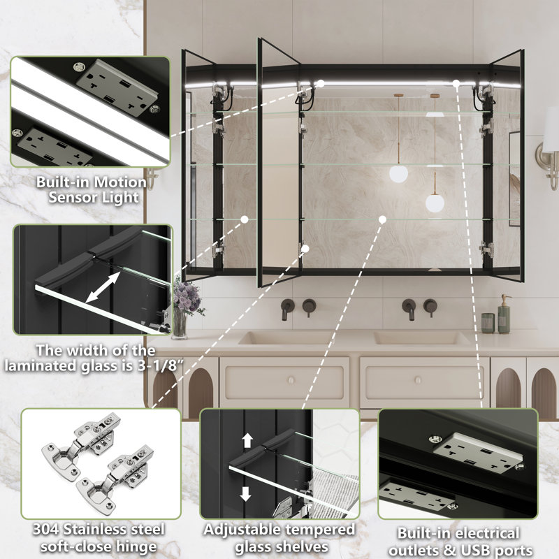 Miroir à pharmacie encastré ou à fixation murale avec lumière à intensité variable et douille Hartli, H 48 po x l 32 po, Noir