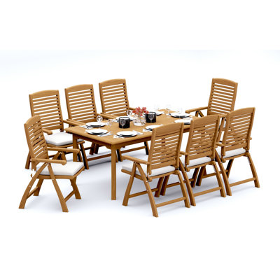 8 Seats 9 Pcs Grade-A Teak Wood Dining Set: 71" Rectangle Table And 8 Ashely Folding Reclining Arm Chairs #11AS1608
