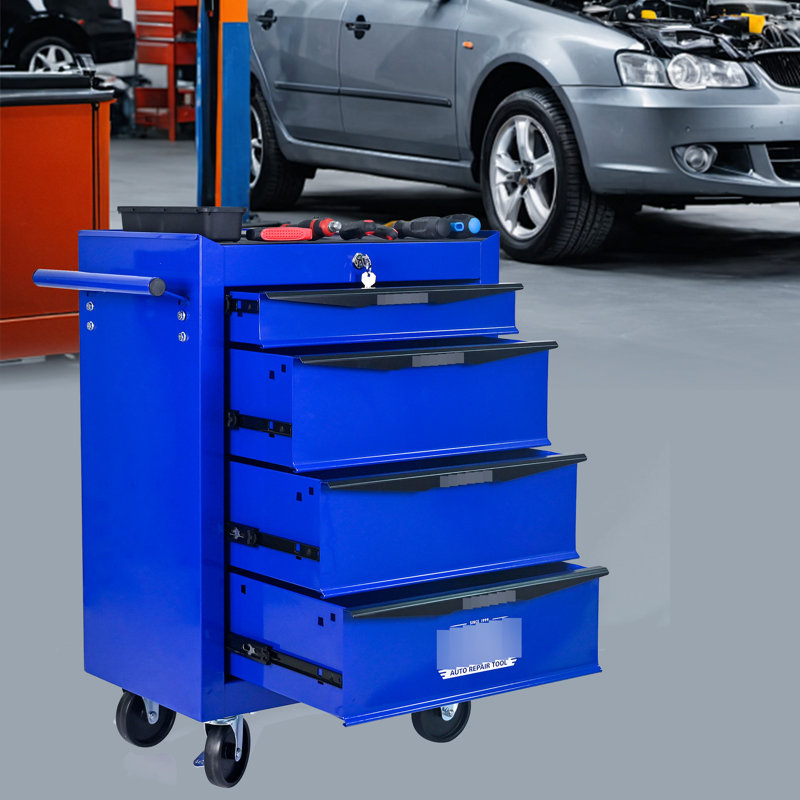20" Steel 4 Tool Chest Cabinet, Black & Blue Finish, Bearing Drawer Slides, 4 Universal Wheels  2 Lockable , Pull Handle For User- Transport 20", Steel, Wheels, Handle, Convenient Handling
