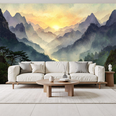 Peel and Stick Wallpaper Landscape Lake Mountain Nature Scenic Sunrise Forest National Park Wall Murals 69"H x 96"W Removable PVC Wall Paper Self-Adhesive Wall Decor for Bedroom Living Room Home Office