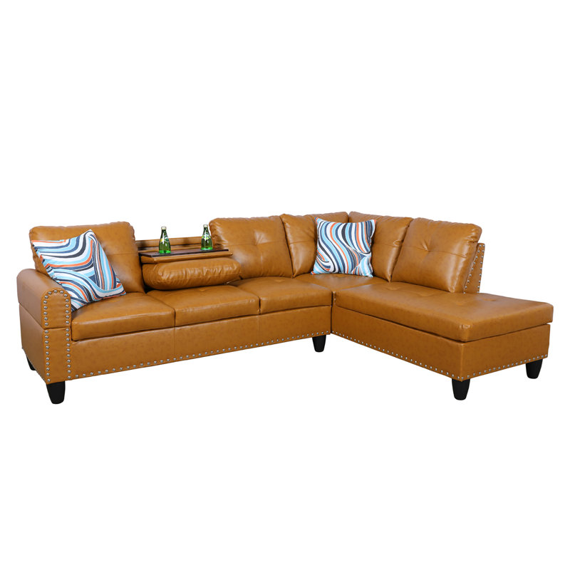 Morgynn Faux Leather L-Shaped Sectional, Ginger Faux Leather, Right Hand Facing