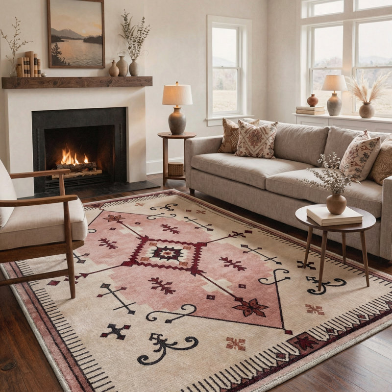 Boho Geometric Machine Washable Pink / Beige Indoor Area Rug with Non-Slip Backing, Rectangle 9' x 12'