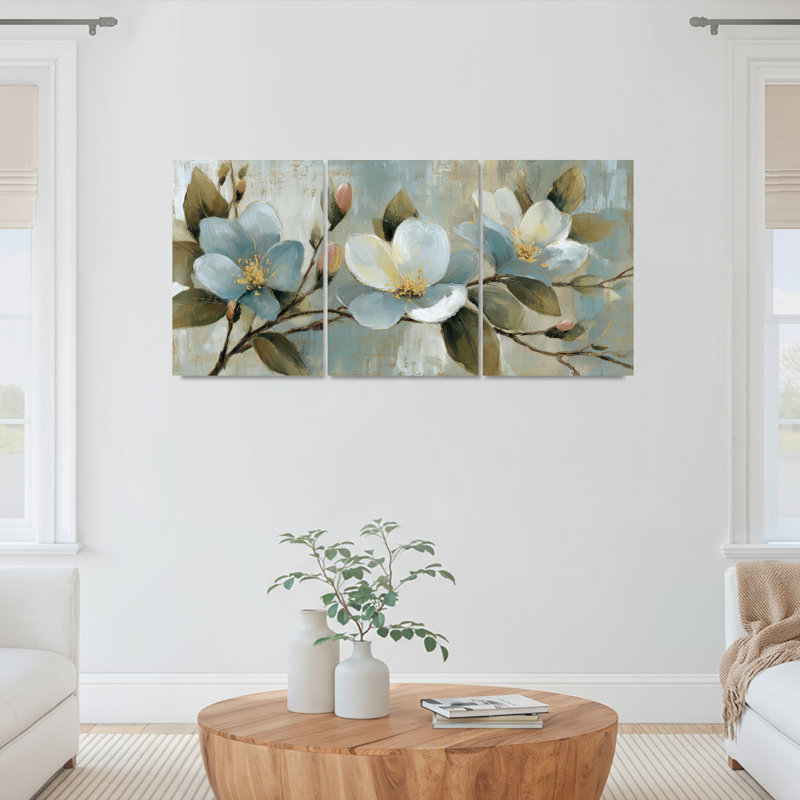 Ensemble de 3 tableaux muraux sur toile tendue représentant des fleurs de magnolia bleu, H 18 po x l 36 po