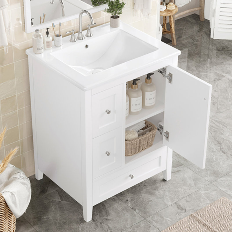 24-Inch Bathroom Vanity With Storage, Adjustable Shelf, MDF & Rubberwood, Removable Dividers, White