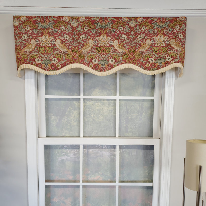 Red and Ivory Cotton Polyester Nature-Inspired Bird Motif Window Valance