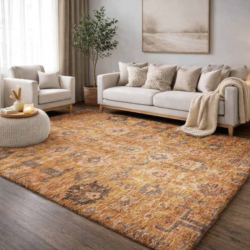 Tapis oriental à poil long de qualité supérieure lavable à la machine ADS697, Terra Cotta, 9 pi x 12 pi