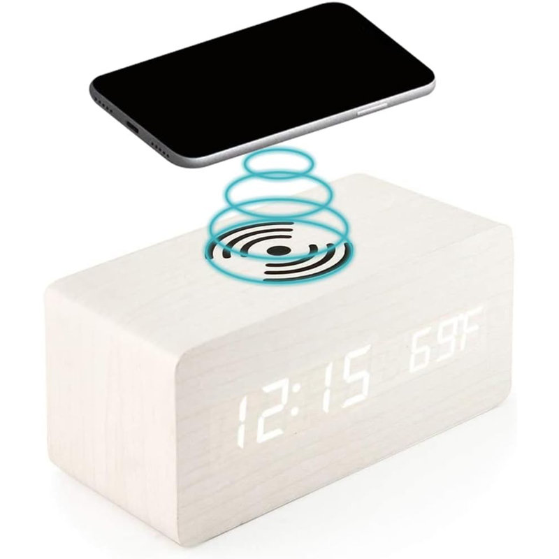 Digital Wood Electric Alarm Tabletop Clock, White Wood White Characters