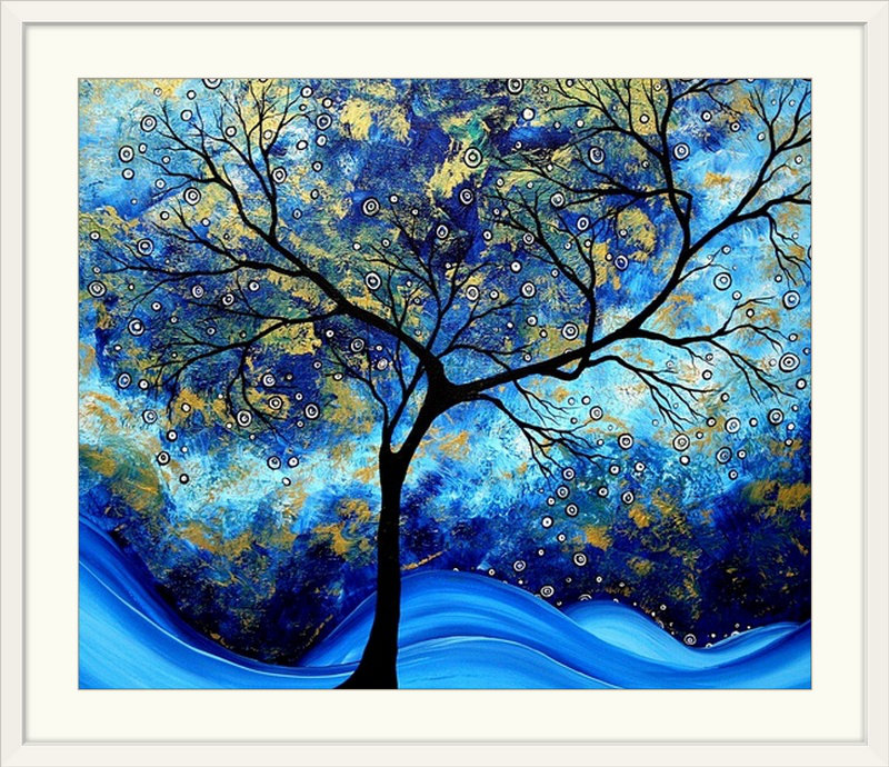 «Anjila Blue Design» par Megan Duncanson, impression, H 27 po x l 32 po x P 1 po, Cadre blanc