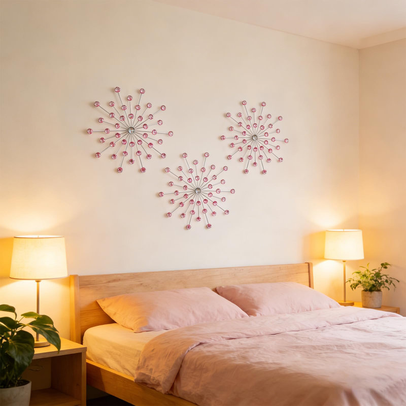 Metal Jeweled Wall Art 3 Pcs, Pink