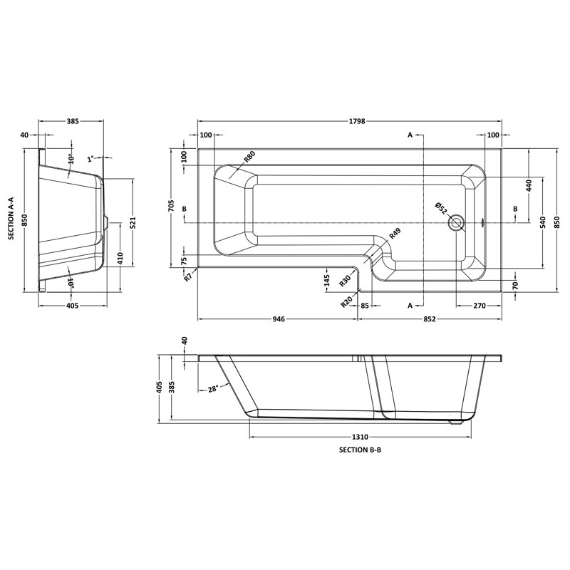 1800mm x 850mm Surface / Recess Soaking Acrylic Bathtub