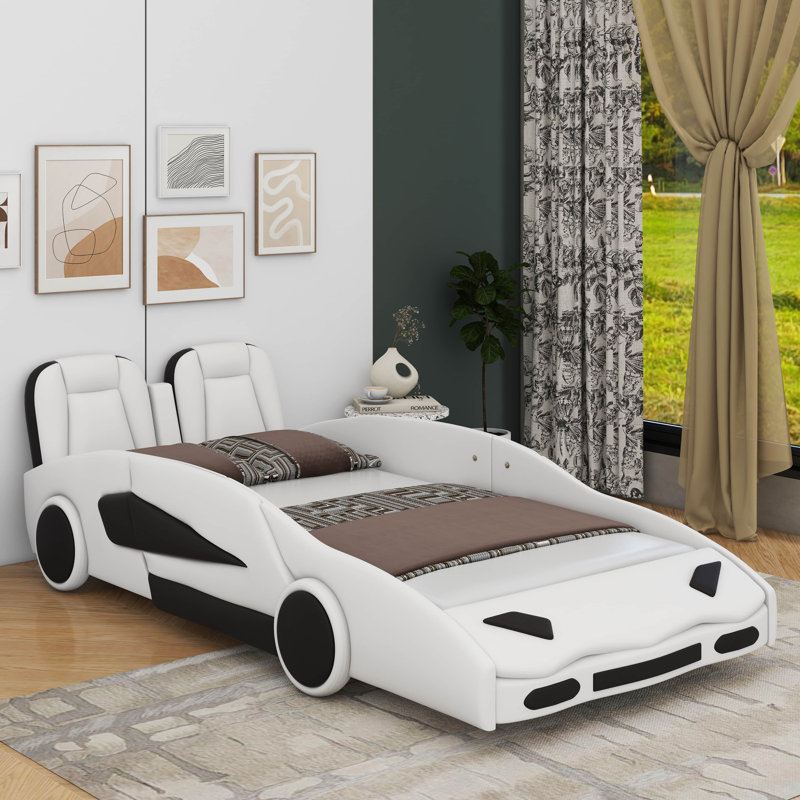 Lit plateforme simple en forme de voiture avec roulettes, Blanc