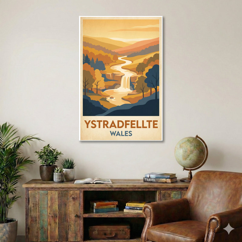 Ystradfellte, Wales - Romantic Waterfalls And Wild Valley Travel Poster. Giclee Print On Wrapped Canvas. Wall Art, Home Decor - Regions & Scenic Areas, Wales - Wrapped Canvas Print