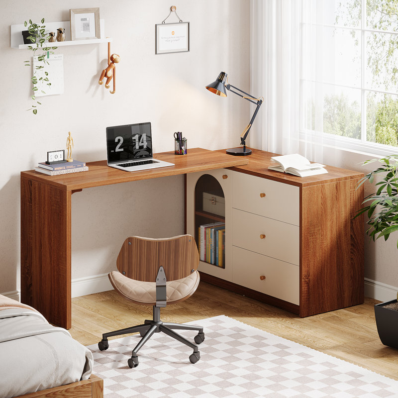 L Shaped Computer Desk With Drawer Cabinet, Brown