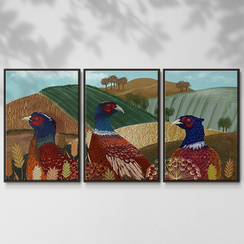 Trio de faisans dans un champ 3 pièces, Noir, H 24 po x l 48 po x P 2 po
