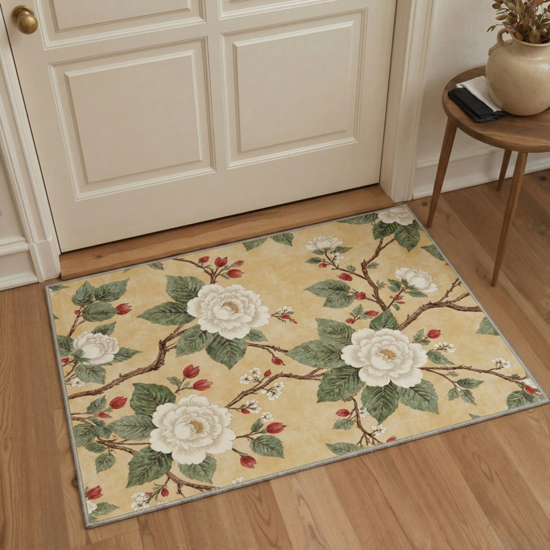 Aura Floral Machine Washable Yellow Indoor Area Rug with Non-Slip Backing, Rectangle 9' x 12'