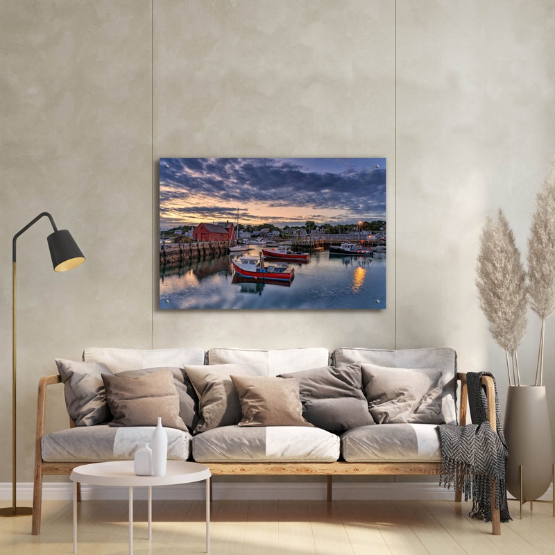 Art mural en verre Breakwater Bay «Dawn In The Harbor» par Rick Berk, H 24 po x l 36 po x P 0,2 po